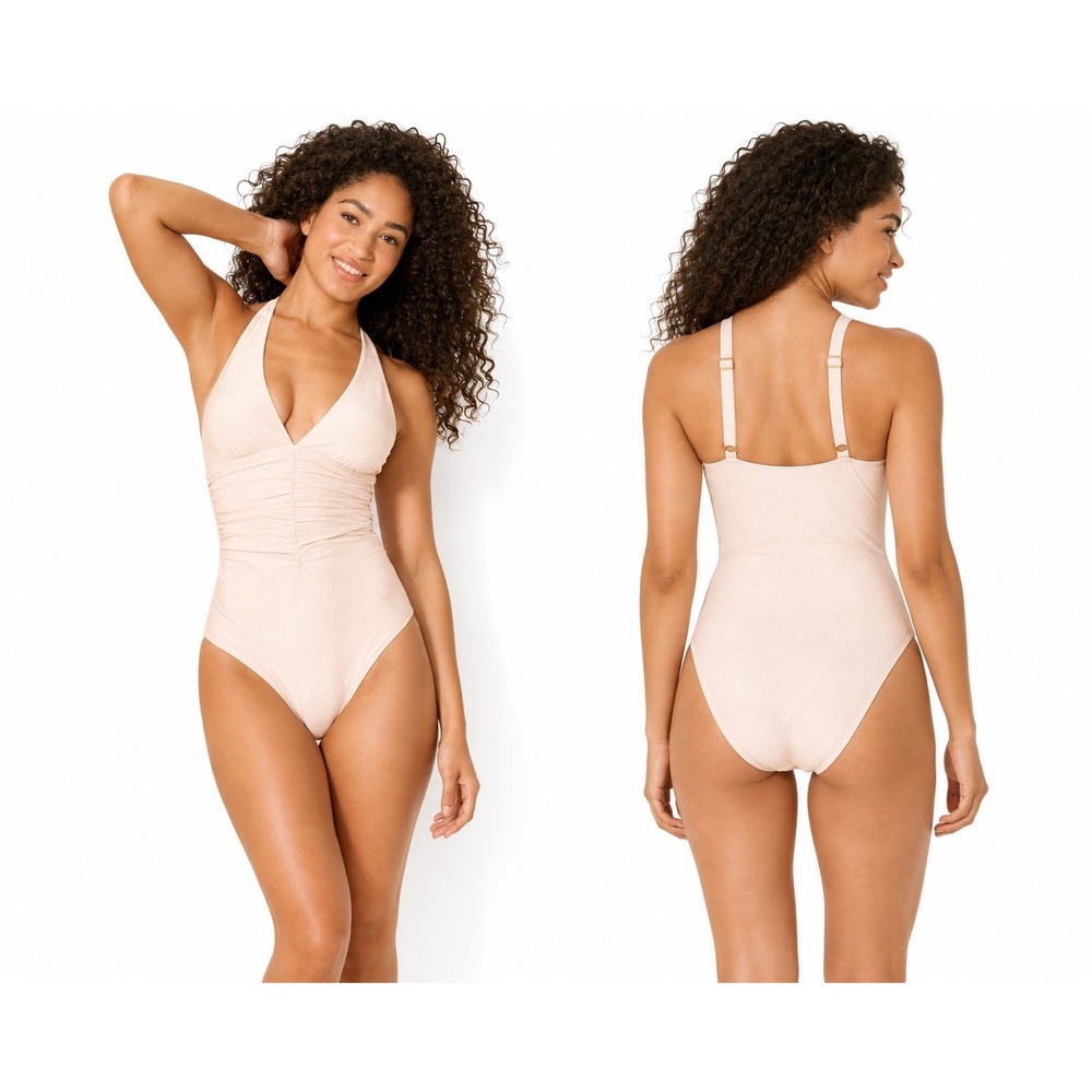 Women's Shade & Shore Cream Plunge One Piece Swimsuit L New With Tags